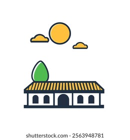 This simple and charming illustration features a house with a yellow roof, a green tree beside it, and a large yellow sun with two small clouds in the sky.