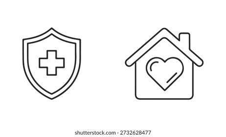 Esta es una ilustración de arte lineal simple y limpia con dos iconos. A la izquierda, hay un escudo con un símbolo de cruz médica en el interior, que significa protección y atención médica. A la derecha, hay un ícono de la casa con un símbolo del corazón en el centro, que simboliza el hogar, el amor y la seguridad. Ambos iconos están delineados en negro sobre un fondo blanco.