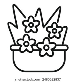 Este es un icono de línea simple, limpio y moderno que representa flores que crecen en una maceta