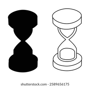 This simple, clean vector graphic features an hourglass in both black solid fill and outline variations.