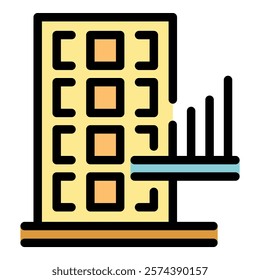 This simple color icon represents an apartment building with a graph showing increasing energy consumption