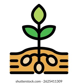 This simple color icon represents a young plant growing from a seed underground