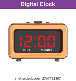 This is a simple digital alarm clock. the display shows 12:00 pm in bold red numbers. it has a classic, retro design with an orange casing and stands on two small legs. - Powered by Shutterstock - Get 15% off with code: PIKWIZARD15