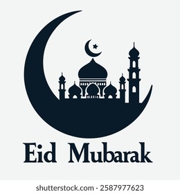 This simple, elegant design features a silhouette of a mosque nestled within a crescent moon.