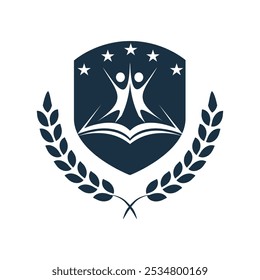 Dies ist ein einfaches Emblem-Design im flachen Stil, das zwei abstrakte Menschen in einem Schild darstellt, der nach den Sternen greift, auf einem Buch mit einem Lorbeerkranz an der Seite des Schilds für die Bildungsschule 