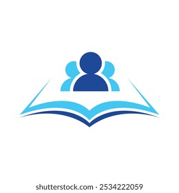 This is a simple flat design that depicts a book with three abstract people on top of it in blue neon color on a white background