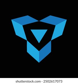 Dies ist ein einfaches flaches geometrisches Logo von drei Pfeilspitzen, die ein Dreieck in blauer Farbe auf schwarzem Hintergrund bilden

