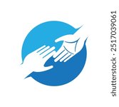 This is a simple flat logo in blue color that depicts two hands helping each other on a round shape that can be used for social or charity related purposes