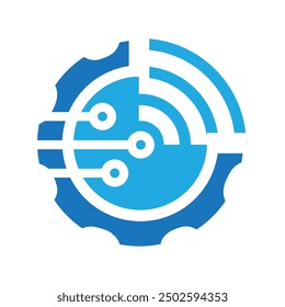 This is a simple flat logo of a cog or gear with sound wave and transistor line in blue color for tech company wi-fi logo