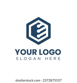 this is a simple flat logo in dark blue color depicting a hexagonal shape with three lines across it that looks modern and bold for logo for business and technology company