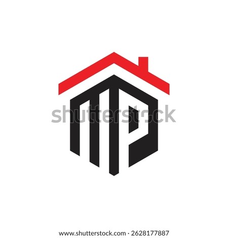 this is a simple flat logo design of a letter MP in hexagon shape with a house roof at top of it