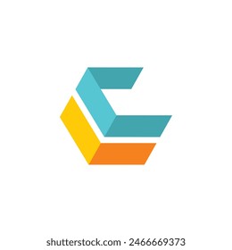 This is a simple flat logo of letter c in hexagonal shape in orange yellow and blue color on a white background

