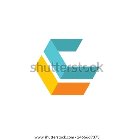 This is a simple flat logo of letter c in hexagonal shape in orange yellow and blue color on a white background

