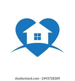 This is a simple flat logo that depicts a house on a heart shape in blue color on a white background