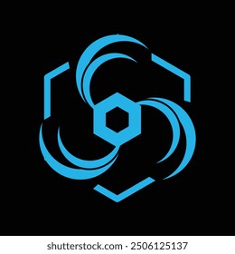 This is a simple flat logo of three cooling fans on a hexagon shape in blue color on a black background for HVACs air ventilation heating logo

