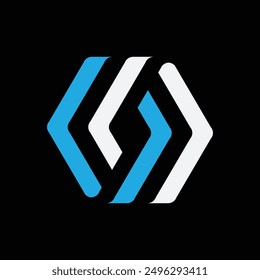 This is a simple flat logo of two diamond shapes in blue and white connect each other forming a hexagonal shape on a black background
