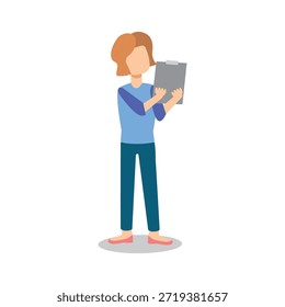 This is a simple graphic illustration of a cartoon woman holding a tablet. The image features a minimalist style with a white background, making it perfect for use in various digital media and marketing materials.