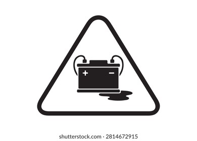 This simple, high-contrast monochrome vector icon depicts a triangular hazard warning sign featuring a car battery with positive and minus terminals, accompanied by a liquid leak pooling at the base. It effectively signals a corrosive substance or battery acid leakage risk.