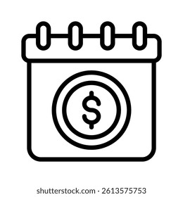 This is a simple, icon of a calendar with a dollar sign in the center