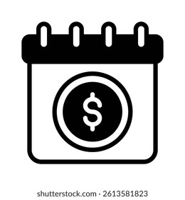 This is a simple, icon of a calendar with a dollar sign in the center