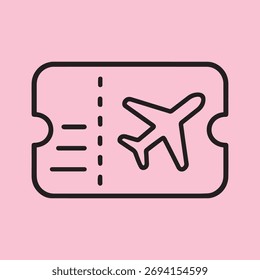 Este es un simple icono de un billete rosa con una línea perforada y un avión. Representa los servicios de viajes y transporte. El diseño es limpio y moderno.