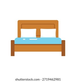 Esta é uma ilustração simples de uma cama com um cobertor azul e dois travesseiros brancos. A cama tem uma moldura de madeira marrom e uma cabeceira retangular. A imagem é uma representação gráfica de uma cama acolhedora e convidativa, perfeita para um quarto ou quarto de hotel.