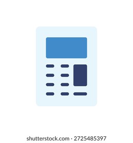 Esta es una ilustración simple de una calculadora con una pantalla azul y Botones oscuros sobre un fondo blanco. La calculadora tiene una forma rectangular clásica con un teclado y una pantalla de visualización. La Imagen es una representación gráfica de una herramienta de oficina común, a menudo utilizada para cálculos financieros y procesamiento de datos.