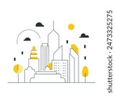 This is a simple illustration of a cityscape. There are a few trees, a few buildings of varying heights. The sun is shining and there are some clouds in the sky.