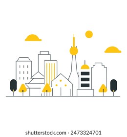 This is a simple illustration of a cityscape. There are a few trees, a few buildings of varying heights. The sun is shining and there are some clouds in the sky.