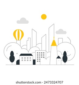This is a simple illustration of a cityscape. There are a few trees, a few buildings of varying heights. The sun is shining and there are some clouds in the sky.