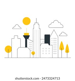 This is a simple illustration of a cityscape. There are a few trees, a few buildings of varying heights. The sun is shining and there are some clouds in the sky.