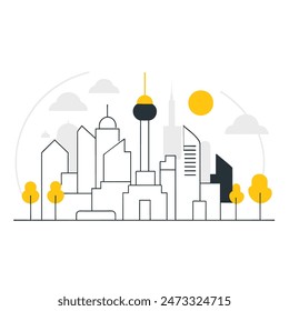 This is a simple illustration of a cityscape. There are a few trees, a few buildings of varying heights. The sun is shining and there are some clouds in the sky.