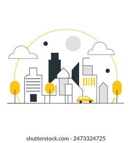 Esta es una simple ilustración de un paisaje urbano. Hay algunos árboles, algunos edificios de diferentes alturas. El sol brilla y hay algunas nubes en el cielo.