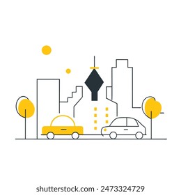 This is a simple illustration of a cityscape. There are a few trees, a few buildings of varying heights. The sun is shining and there are some clouds in the sky.