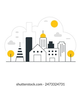 This is a simple illustration of a cityscape. There are a few trees, a few buildings of varying heights. The sun is shining and there are some clouds in the sky.