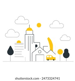 This is a simple illustration of a cityscape. There are a few trees, a few buildings of varying heights. The sun is shining and there are some clouds in the sky.
