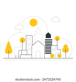 Esta es una simple ilustración de un paisaje urbano. Hay algunos árboles, algunos edificios de diferentes alturas. El sol brilla y hay algunas nubes en el cielo.