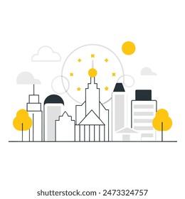 This is a simple illustration of a cityscape. There are a few trees, a few buildings of varying heights. The sun is shining and there are some clouds in the sky.