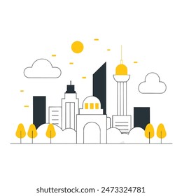 This is a simple illustration of a cityscape. There are a few trees, a few buildings of varying heights. The sun is shining and there are some clouds in the sky.