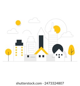 This is a simple illustration of a cityscape. There are a few trees, a few buildings of varying heights. The sun is shining and there are some clouds in the sky.