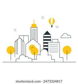 This is a simple illustration of a cityscape. There are a few trees, a few buildings of varying heights. The sun is shining and there are some clouds in the sky.
