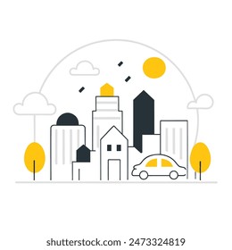 This is a simple illustration of a cityscape. There are a few trees, a few buildings of varying heights. The sun is shining and there are some clouds in the sky.