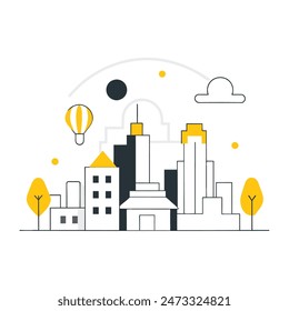 Esta es una simple ilustración de un paisaje urbano. Hay algunos árboles, algunos edificios de diferentes alturas. El sol brilla y hay algunas nubes en el cielo.