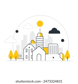 This is a simple illustration of a cityscape. There are a few trees, a few buildings of varying heights. The sun is shining and there are some clouds in the sky.