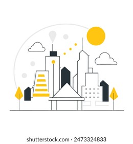 This is a simple illustration of a cityscape. There are a few trees, a few buildings of varying heights. The sun is shining and there are some clouds in the sky.