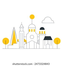 This is a simple illustration of a cityscape. There are a few trees, a few buildings of varying heights. The sun is shining and there are some clouds in the sky.