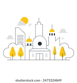 This is a simple illustration of a cityscape. There are a few trees, a few buildings of varying heights. The sun is shining and there are some clouds in the sky.