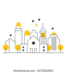This is a simple illustration of a cityscape. There are a few trees, a few buildings of varying heights. The sun is shining and there are some clouds in the sky.