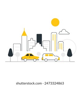 This is a simple illustration of a cityscape. There are a few trees, a few buildings of varying heights. The sun is shining and there are some clouds in the sky.