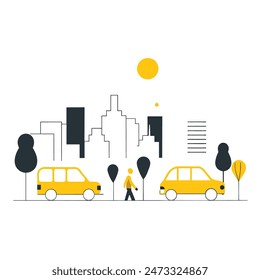 This is a simple illustration of a cityscape. There are a few trees, a few buildings of varying heights. The sun is shining and there are some clouds in the sky.